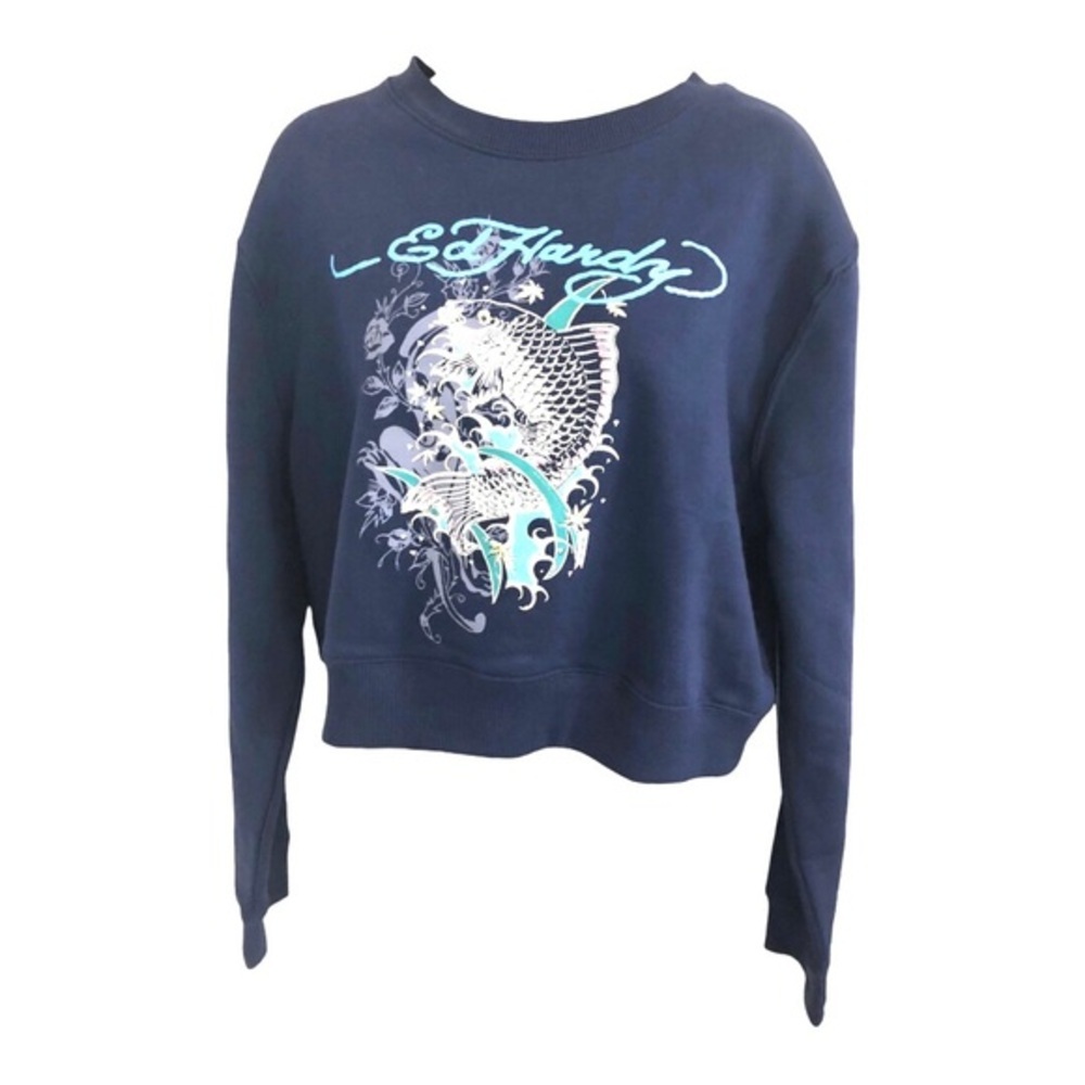 Ed Hardy navy eclipse iconic Ed Hardy fish‎ graphic print sweatshirt size large